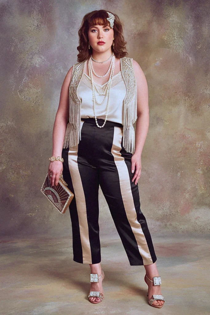 Plus Size Summer Beaded Fringe Vest and Cigarette Pants Vegas Outfit