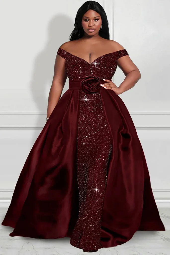 Plus Size Prom Satin Burgundy Off The Shoulder Sequin Maxi Dress