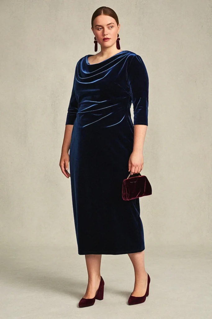 Plus Size Navy Blue Velvet Cowl Back Wedding Guest Dress