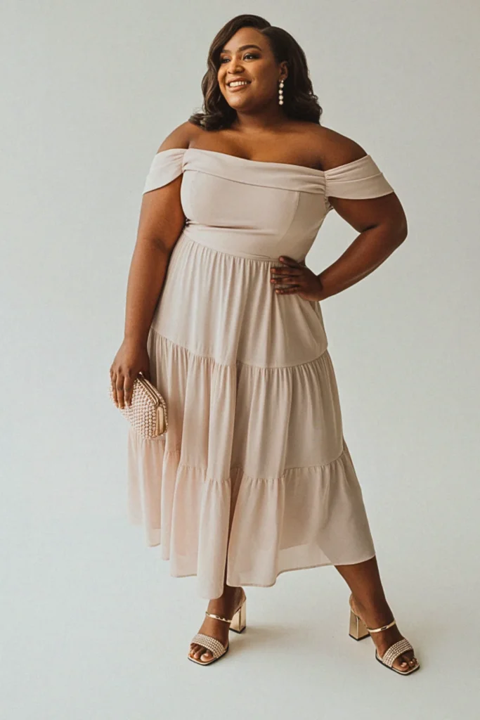 Plus Size Bardot Neckline Tiered Midi Wedding Guest Dress
