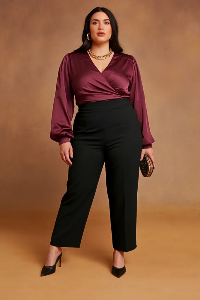 Plus Size Wrap Top and Straight Leg Pants Evening Autumn Outfit