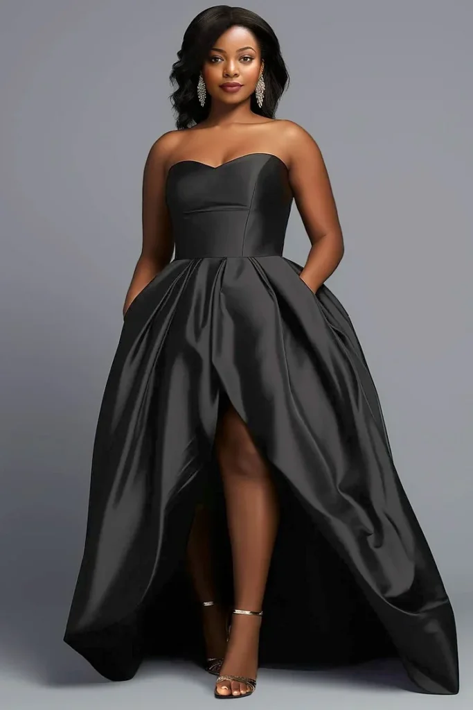 Plus Size Formal Black Pocket Split Satin High Low Maxi Dress
