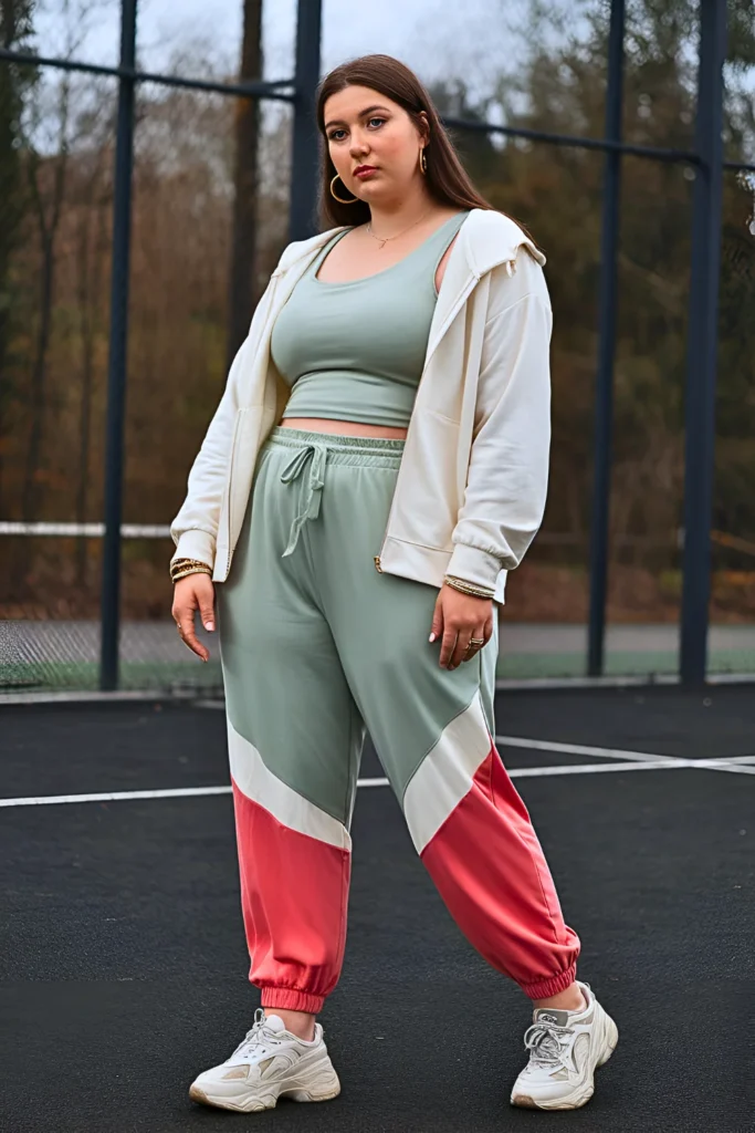 Plus Size Summer Color-Block Drawstring Jogger Athleisure Outfit