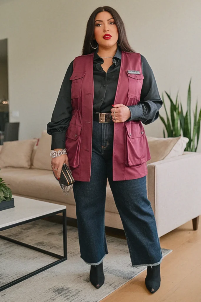 Plus Size Burgundy Utility Vest Date Night Fall Outfit