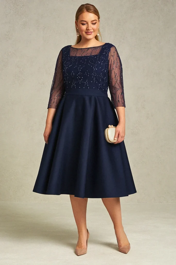 Sequined Cap Sleeve Fit-and-Flare Plus Size Semi-Formal Wedding Guest Dress