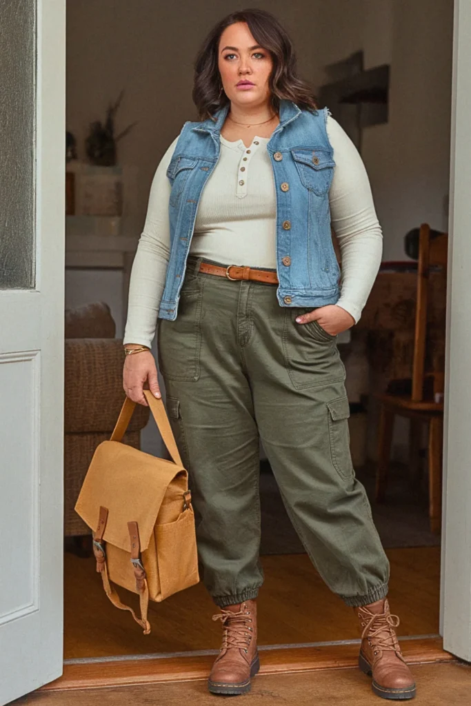 Plus Size Fall Casual Henley and Cargo Pants Mom Outfit