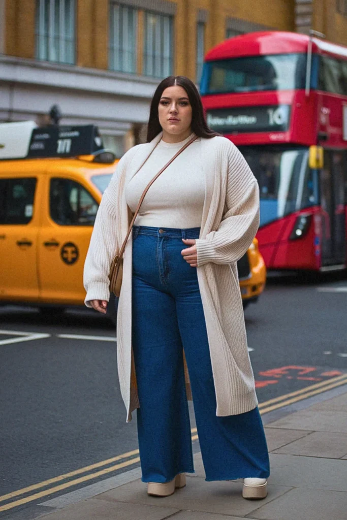Plus Size Sweater Coat And Wide-Leg Jeans Fall Outfit