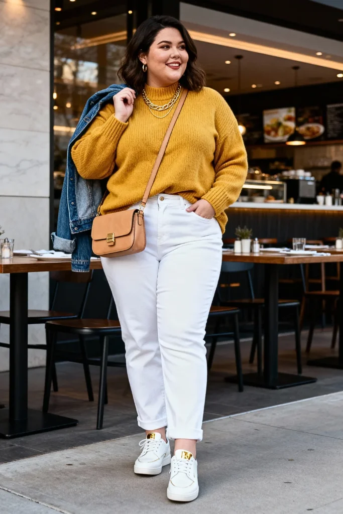 Plus Size Mustard Sweater and White Jeans Outfit