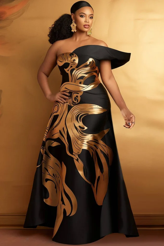 Plus Size Formal Gold Floral One Shoulder Satin Maxi Dress