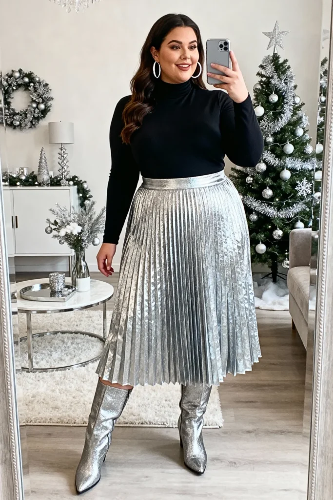 Plus Size Metallic Pleated Skirt with Bodysuit Outfit