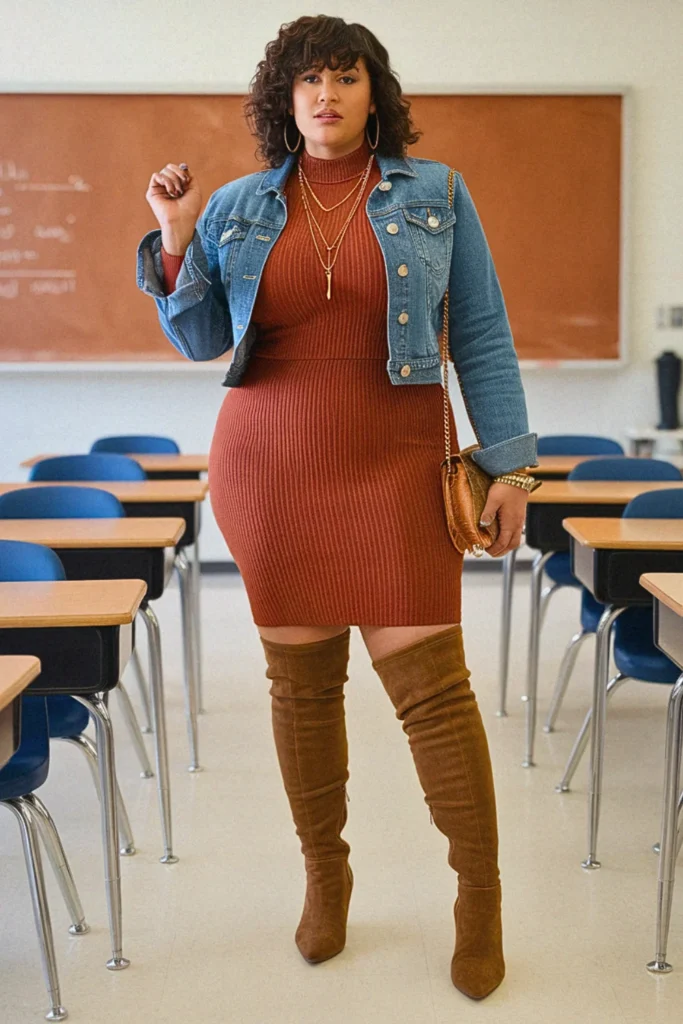 Plus Size Fall Knit Dress with Boots Teacher Outfit