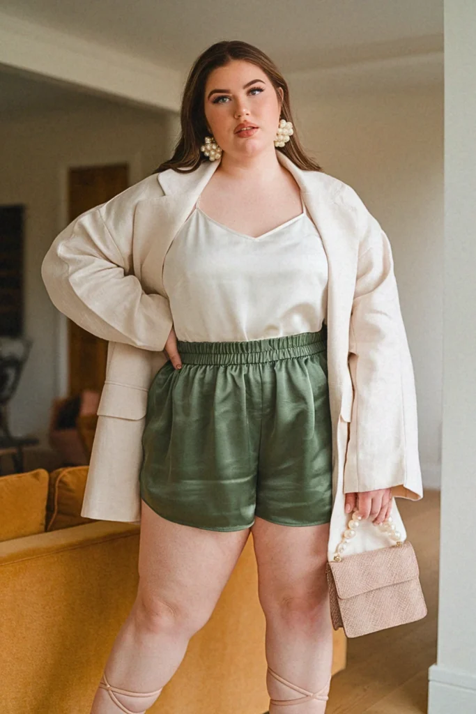 Plus Size Summer Satin Shorts and Oversized Blazer Outfit