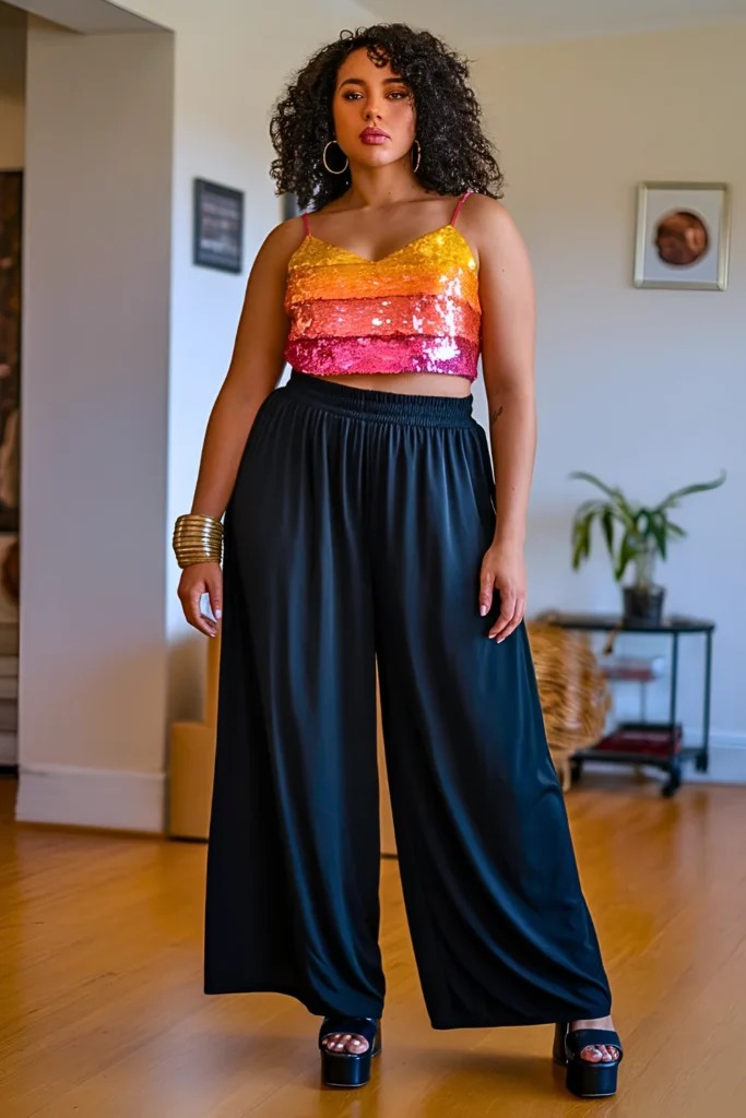 Plus Size Sequined OmbreÌ Crop Top and High-Waisted Palazzo Pants Summer Club Outfit