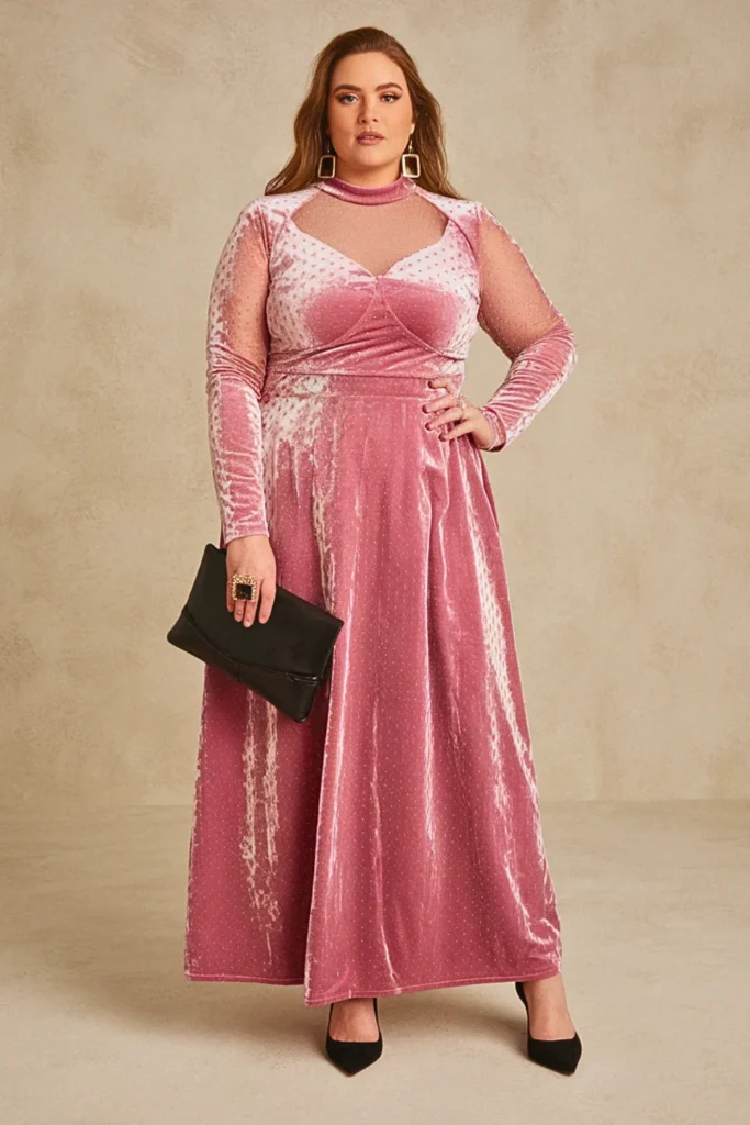 Plus Size Pink Maxi Burnout Velvet Wedding Guest Dress