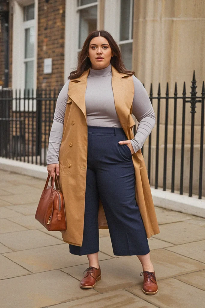 Plus Size Trench Vest And Cropped Pants Fall Outfit