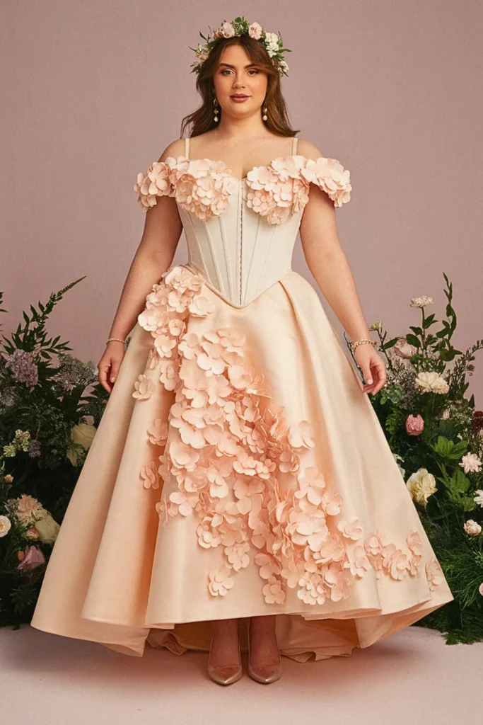 Botanical 3D AppliqueÌ Off-Shoulder Wedding Dress