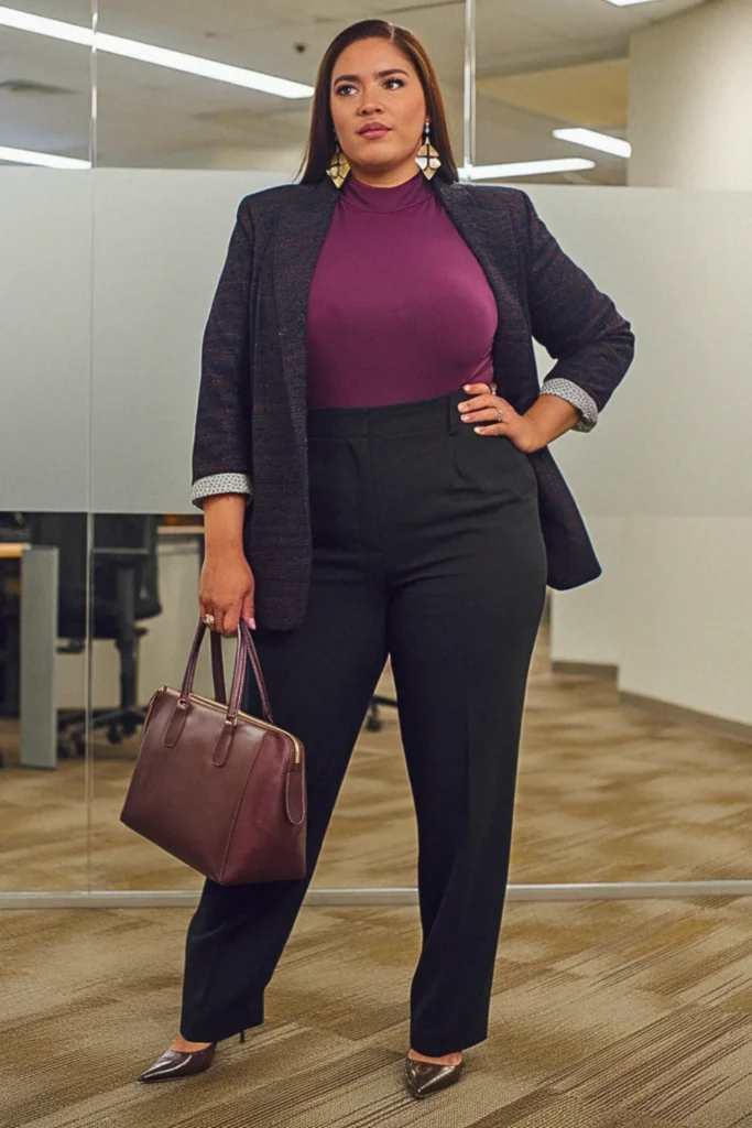 Plus Size Fall Mock Neck Top Corporate Fashion Outfit