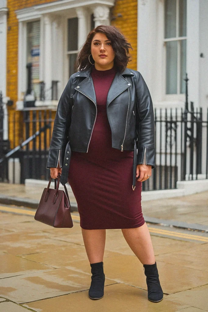 Plus Size Moto Jacket And Midi Dress Fall Outfit
