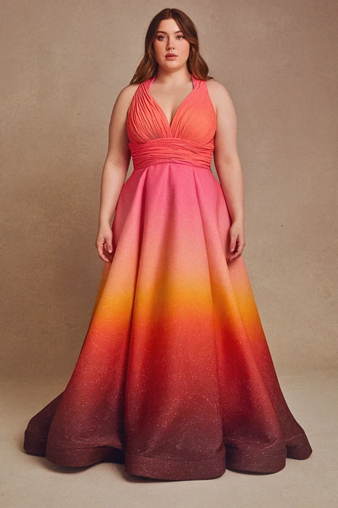 Plus Size Beach Plunge Neckline Gradient Sunset Wedding Guest Dress