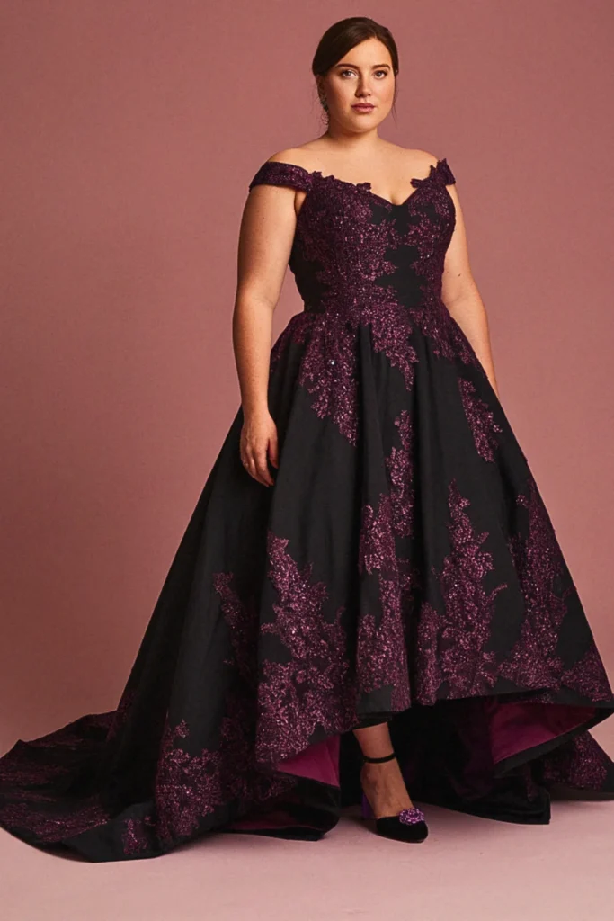 Plus Size Plum-Trimmed Princess Seam Black Wedding Dress