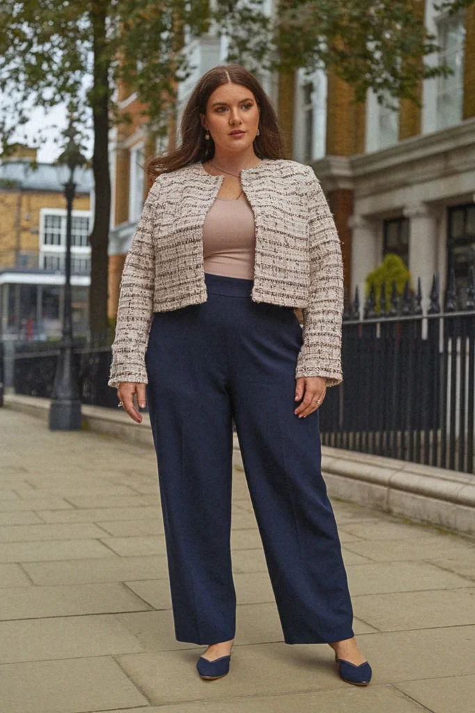 Plus Size Cropped Jacket And High-Waisted Pants Fall Outfit